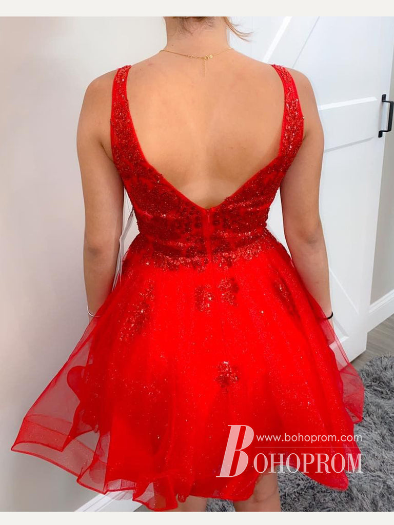 Gorgeous Tulle V-neck Neckline A-line Homecoming Dresses With Appliques HD473