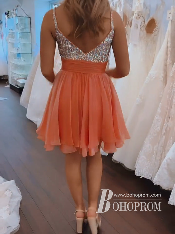 Sparkly Chiffon Spaghetti Straps Beaded Short A-line Homecoming Dresses HD474
