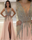 A-line Deep-V Floor-Length Chiffon Prom Dresses With Rhine Stones HX00162