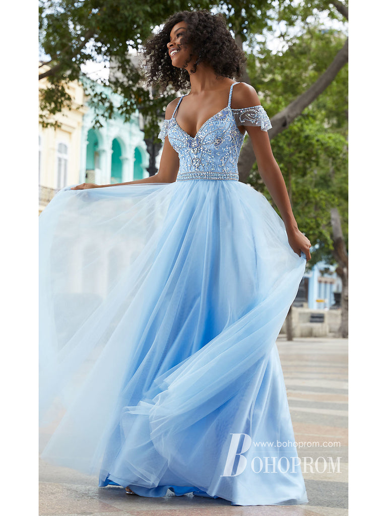 A-line Spaghetti Strap Floor-Length Tulle Prom Dresses With Rhine Stones HX0067