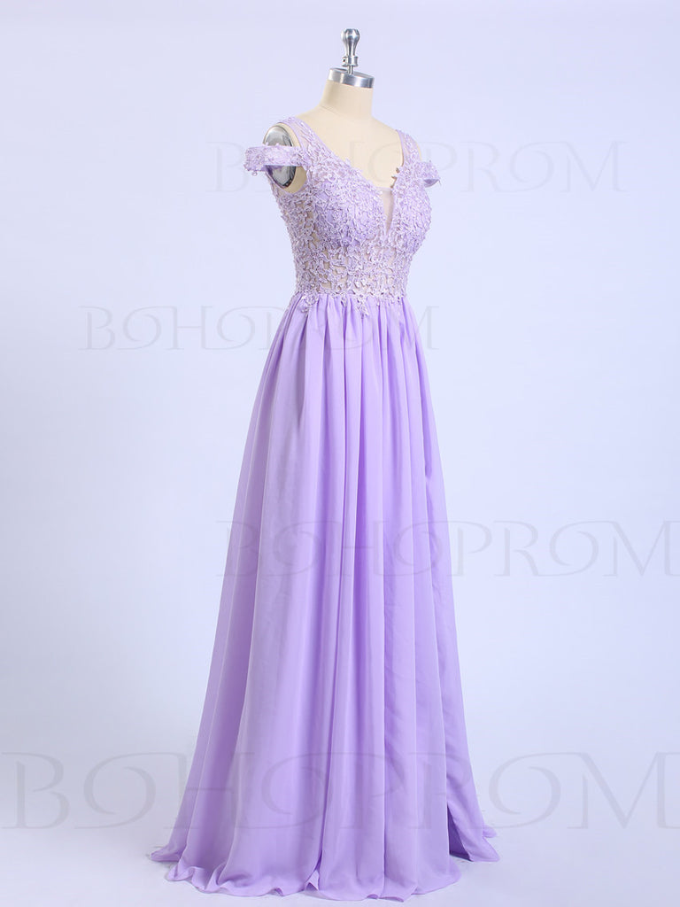 Delicate Chiffon V-neck Neckline Sweep Train A-line Prom Dresses With Appliques PD023