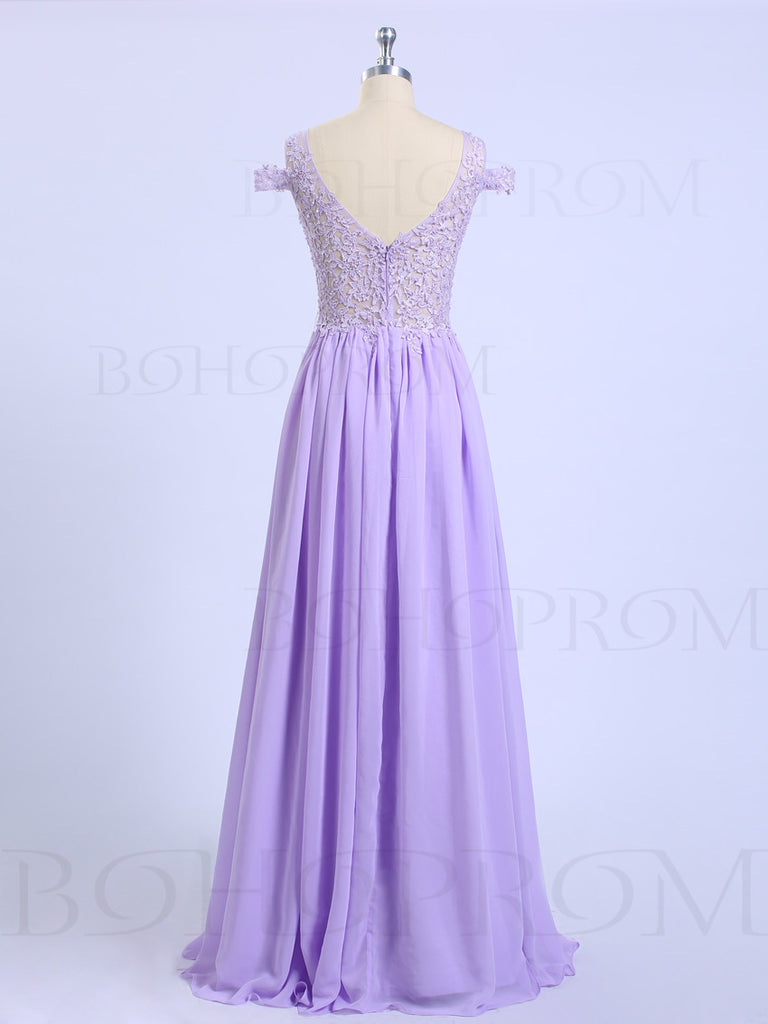Delicate Chiffon V-neck Neckline Sweep Train A-line Prom Dresses With Appliques PD023