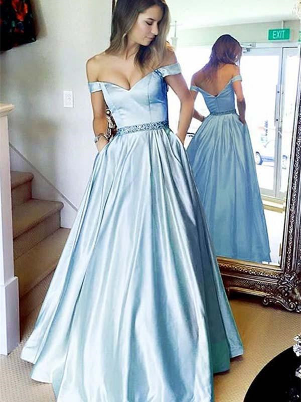 Modern Satin Off-the-shoulder Chapel Train A-line Prom Dresses With Beadings PD033