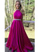 Popular Satin Jewel Neckline Backless Sweep Train A-line Prom Dresses With Rhinestones PD048