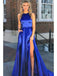 Simple Satin Jewel Neckline Cut-out Chapel Train A-line Prom Dresses With Slit PD049