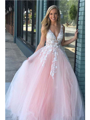 Popular Tulle V-neck Neckline Ball Gown Prom Dresses With 3D Flowers & Pearls PD118