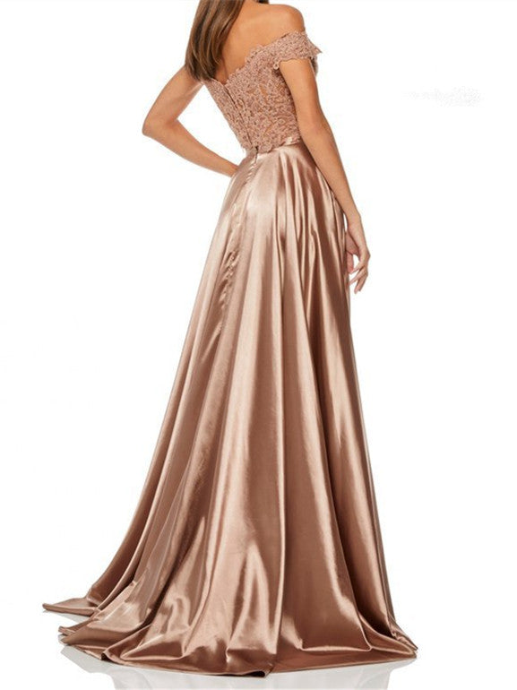 Modest Lace & Satin Off -the-shoulder Two-piece A-line Prom Dress PD136