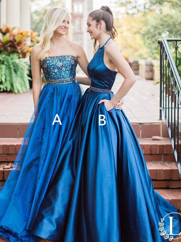 Fashionable Satin Halter Neckline Ball Gown Prom Dresses With Beadings PD198