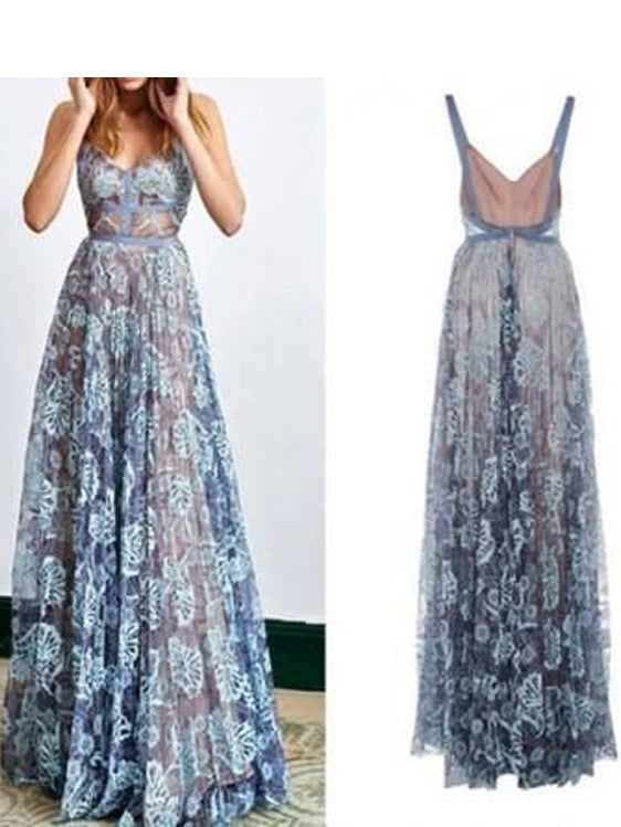 Delicate Lace Spaghetti Straps Neckline Floor-length A-line Prom Dresses PD211