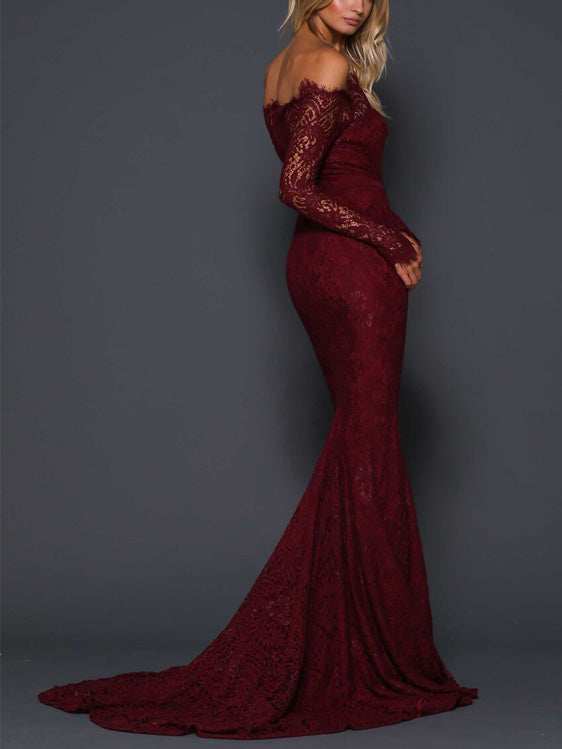 Exquisite Lace Off-the-shoulder Neckline Long Sleeves Mermaid Prom Dresses PD231