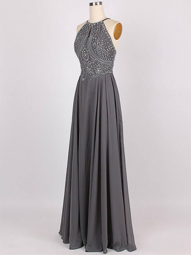 Sparkly Chiffon Jewel Neckline A-line Prom Dresses With Beadings PD240