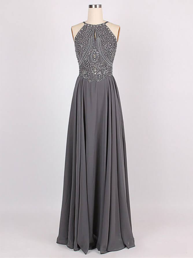 Sparkly Chiffon Jewel Neckline A-line Prom Dresses With Beadings PD240