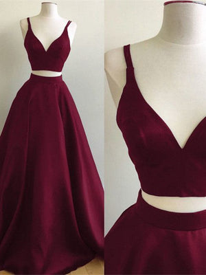 Chic Satin Spaghetti Straps Neckline 2 Pieces A-line Prom Dresses PD242