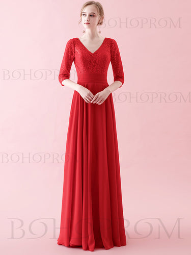 Elegant Chiffon Prom Gowns V-neck 3/4 Sleeves A-line Prom Dresses PD260