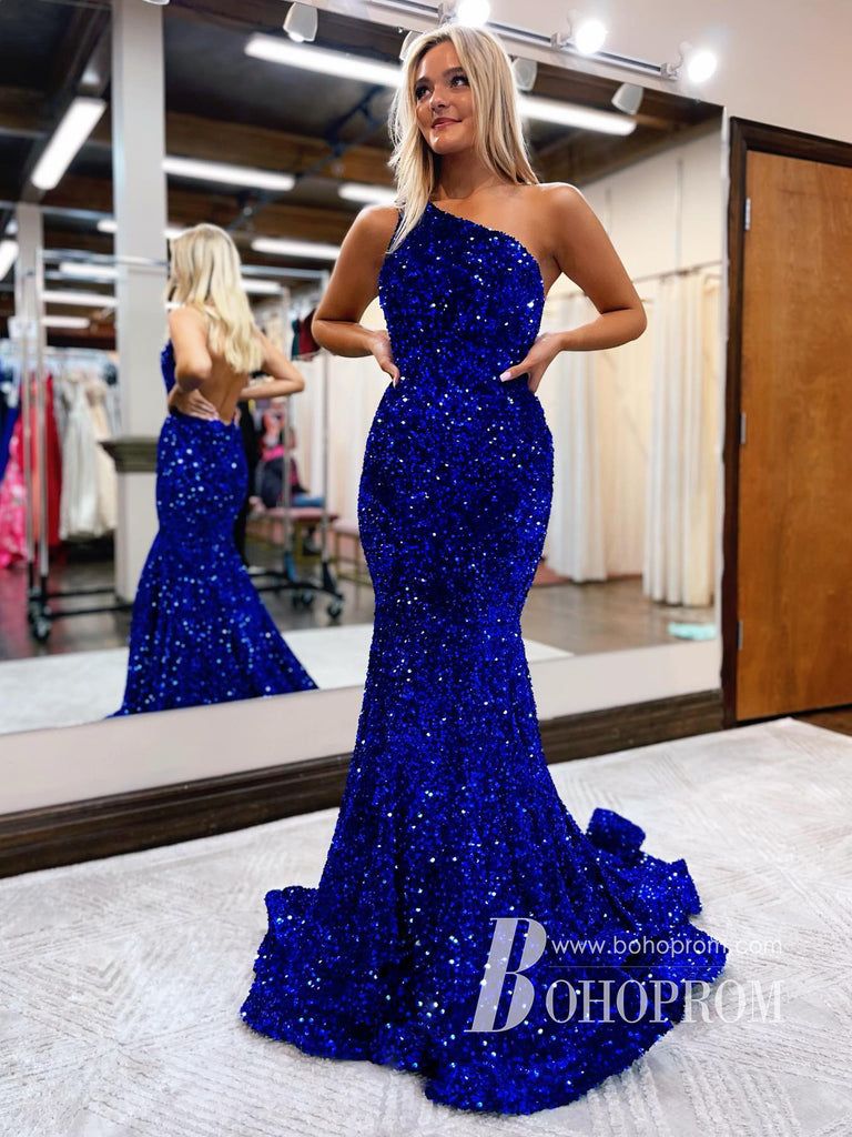Charming Sequin Lace One shoulder Long Mermaid Prom Dresses PD283