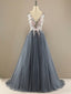 V Neck Ball Gown Tulle Prom Dress Floral Lace Party Dress PD2870