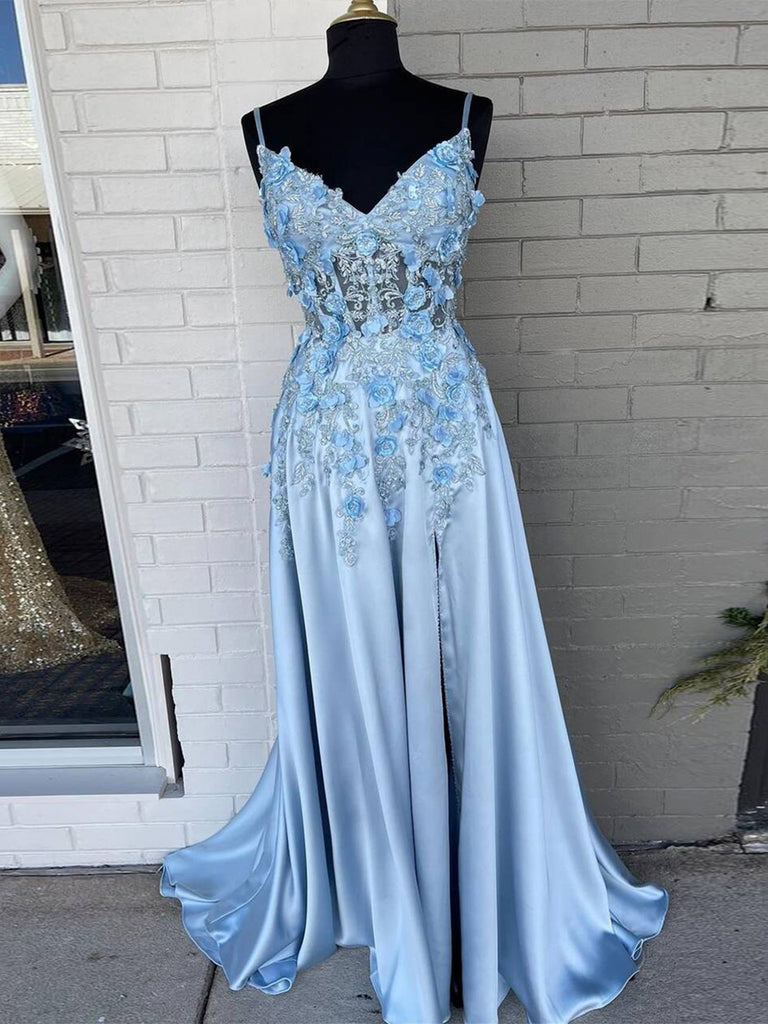 $198.99 Spaghetti Straps 3D Flowers Prom Dress A Line Prom Gown with Slit PD2871