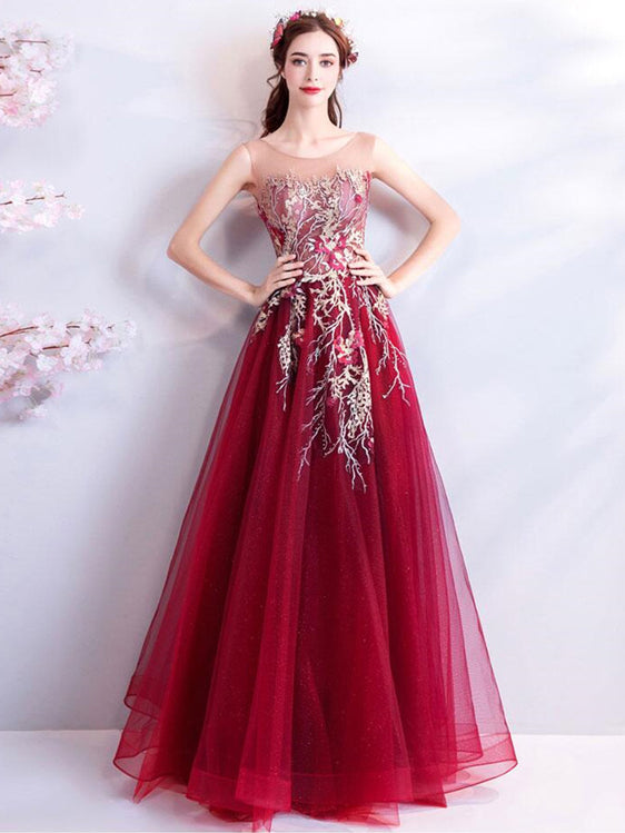 Fashionable Tulle & Organza Scoop Appliques A-line Prom Gowns PD294