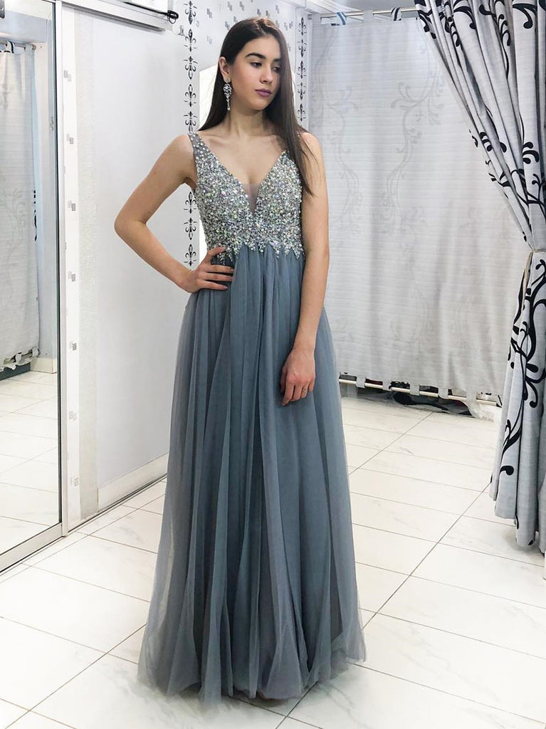 Sparkly Tulle V-neck Sequined A-line Prom Dresses With Pearls PD296