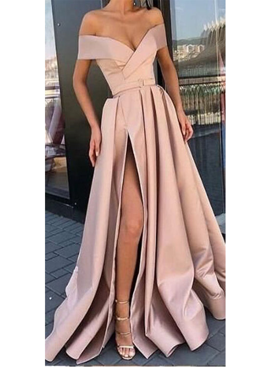 Sexy Satin Off-the-shoulder Sweep Train A-line Evening Dresses With Slit PD304