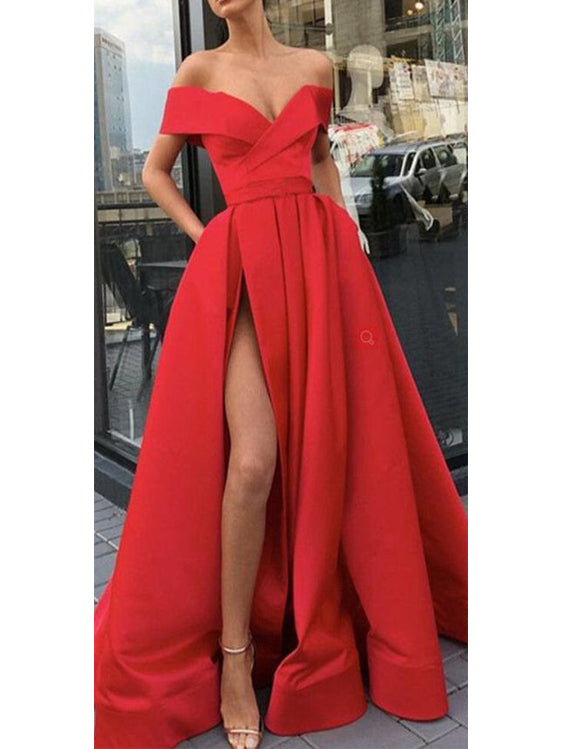 Sexy Satin Off-the-shoulder Sweep Train A-line Evening Dresses With Slit PD304