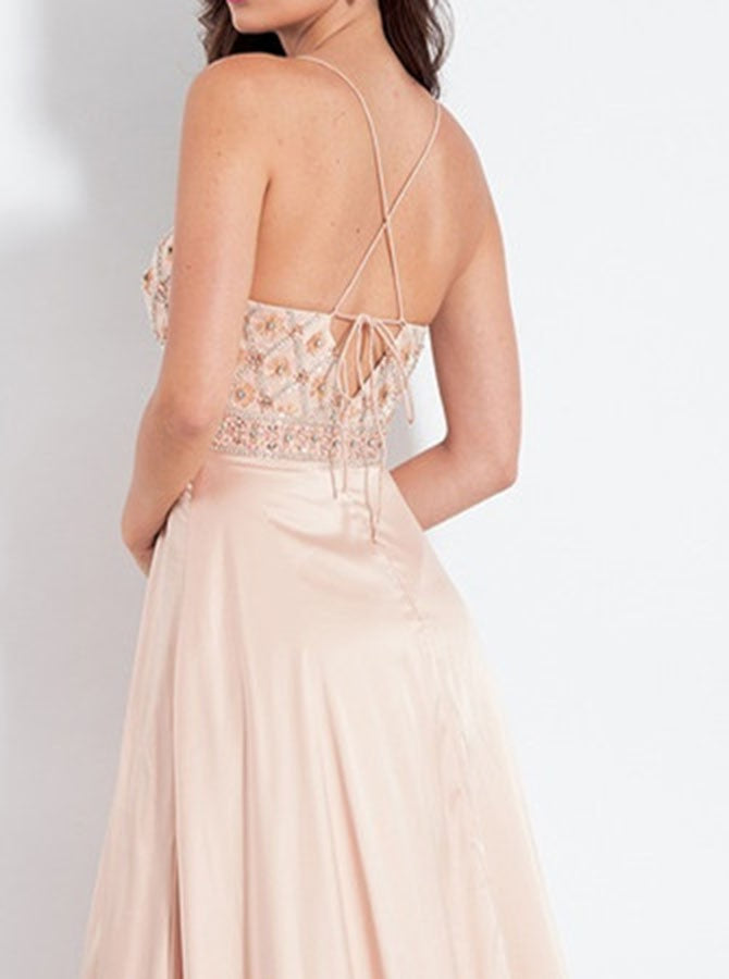 Modest Chiffon Spaghetti Straps Beaded A-line Prom Dresses PD306
