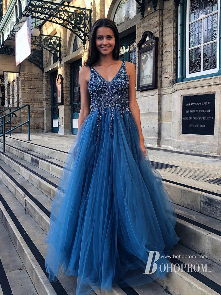 Shimmering Tulle V-neck Rhinestones Sweep Train A-line Prom Gowns PD308