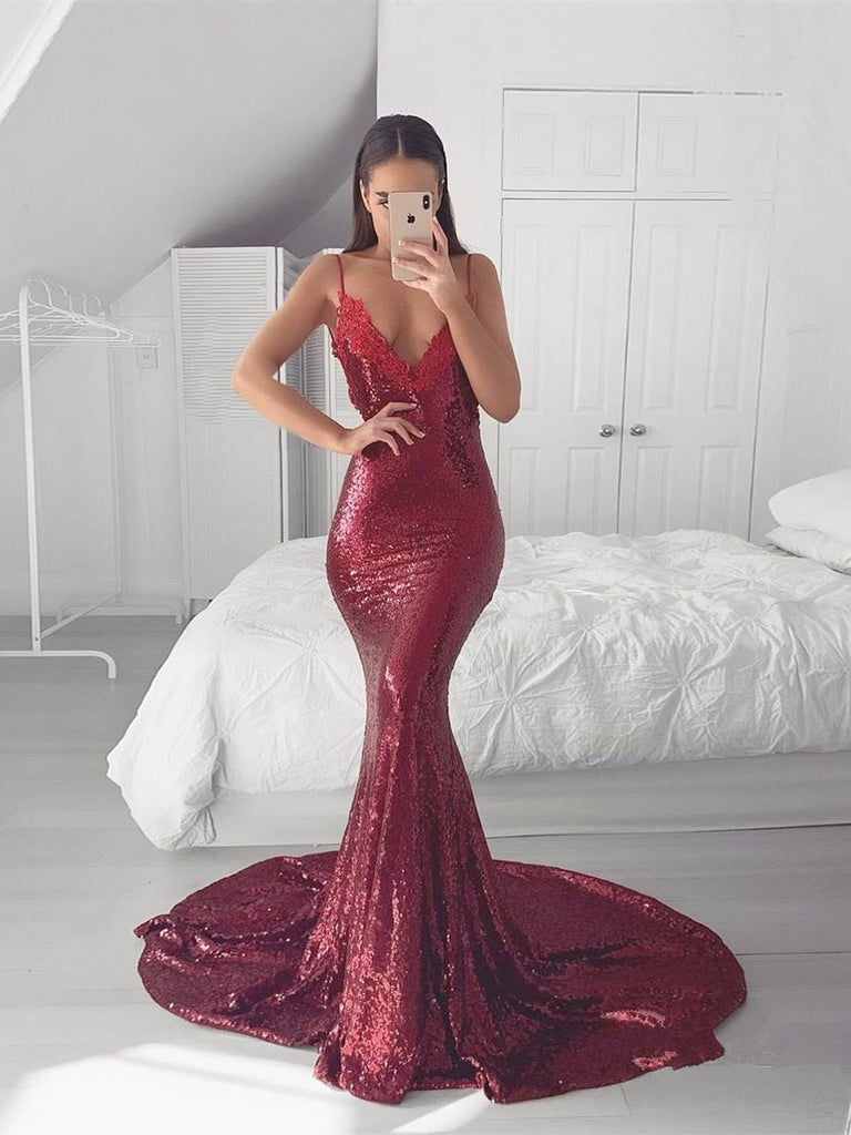 Sparkly Spaghetti Straps Mermaid Prom Dress Sequined Dresses PD319