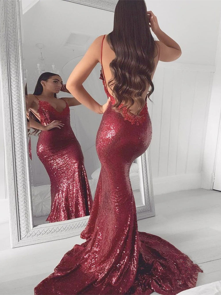 Sparkly Spaghetti Straps Mermaid Prom Dress Sequined Dresses PD319