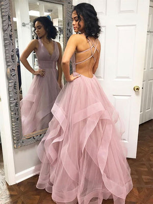 Simple V-neck Tulle Prom Dresses Open Back A-line Gowns PD320