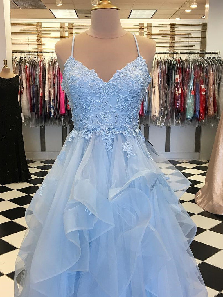 Popular Tulle Prom Dresses Appliqued Tiered A-line Gowns PD330
