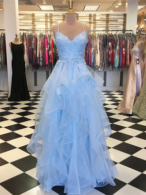 Popular Tulle Prom Dresses Appliqued Tiered A-line Gowns PD330