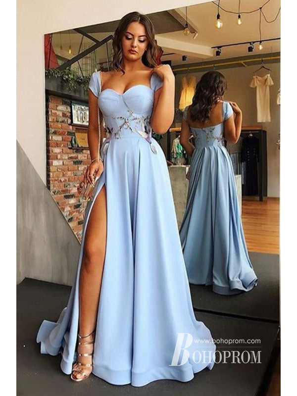 Modern Satin A-line Prom Dresses Cap Sleeves Gowns With Appliques PD333