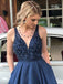 Stunning V-neck Satin Prom Dresses A-line Beaded Gowns With Sweep Train  PD344