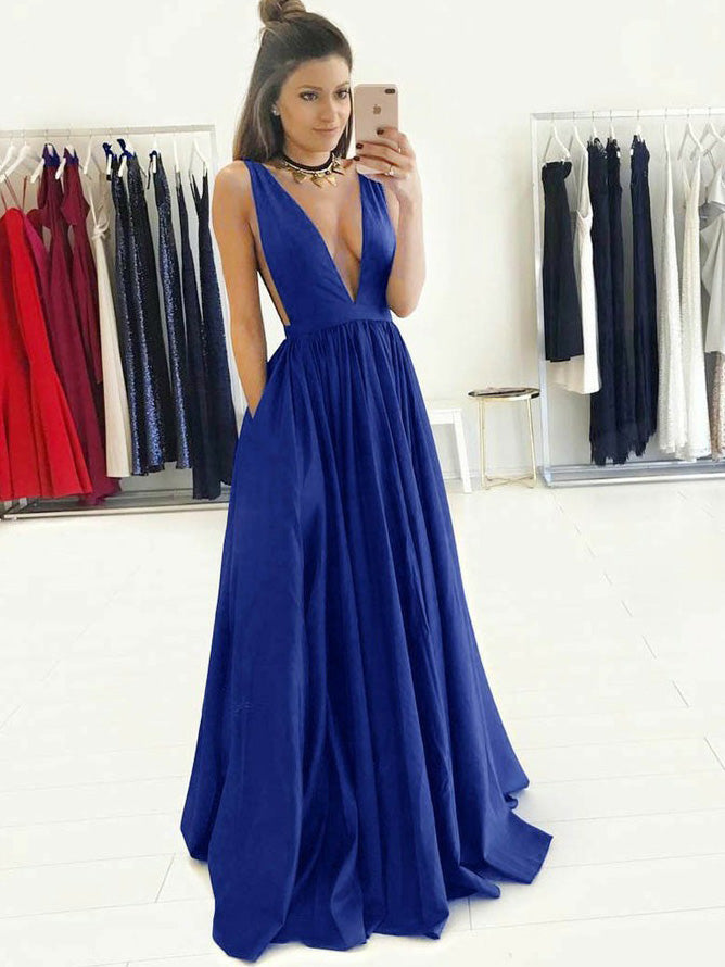 Exquisite Deep-v A-line Prom Dresses Satin Sweep Train Gowns PD345