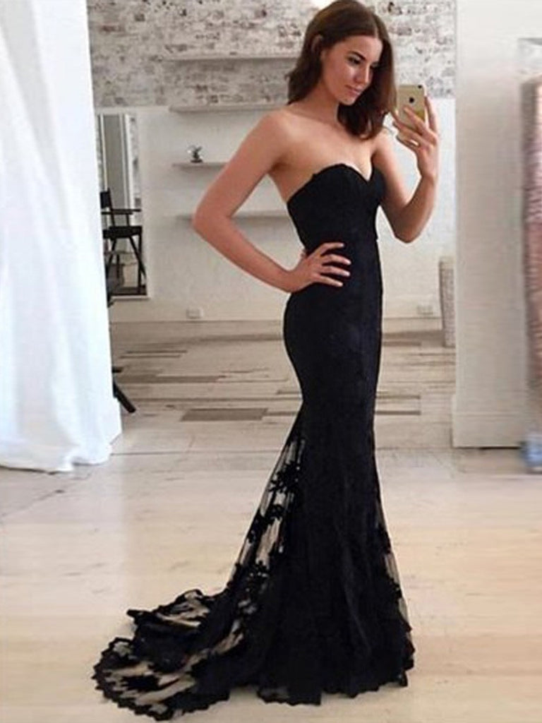 Modern Lace Black Prom Dresses Mermaid Sweetheart Gowns With Chapel Train PD347