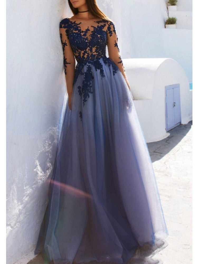 Marvelous Tulle Long Sleeves Prom Dresses A-line Appliqued Illusion Gowns PD349
