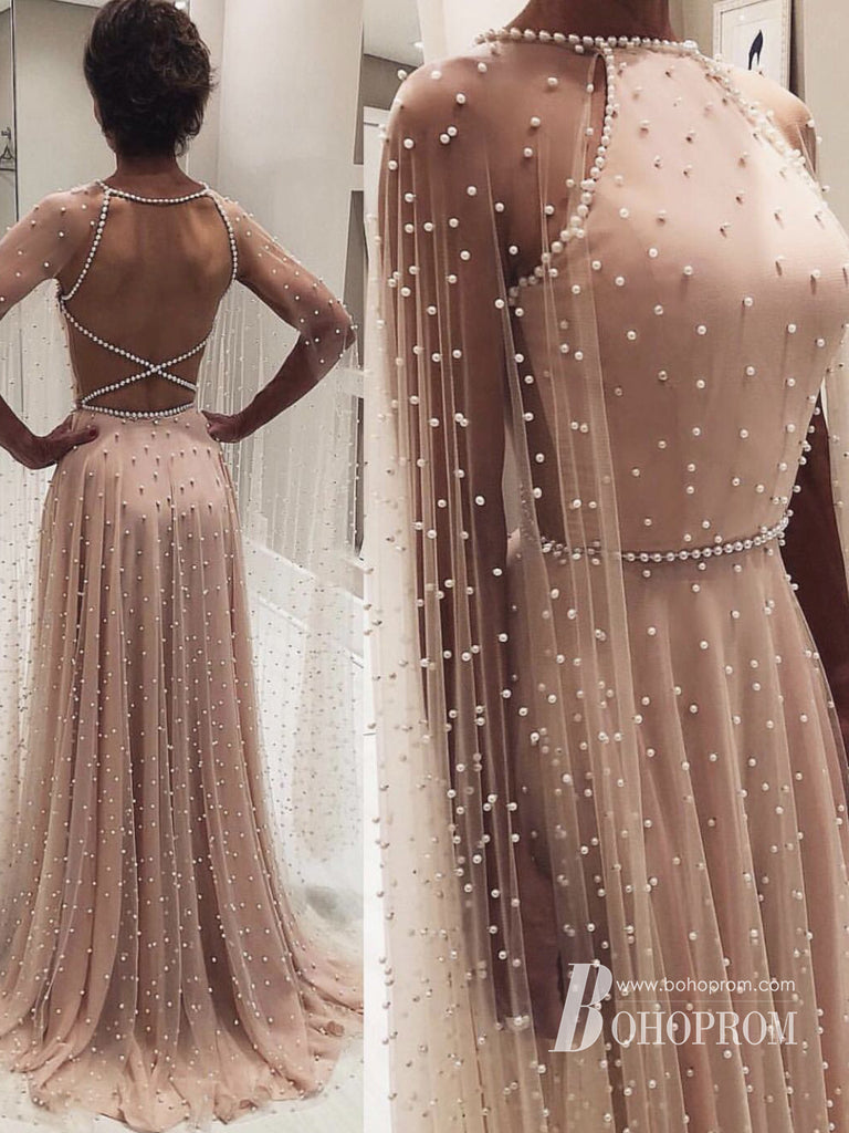 Sparkly Jewel Tulle A-line Prom Dresses Backless Gowns With Pearls PD350