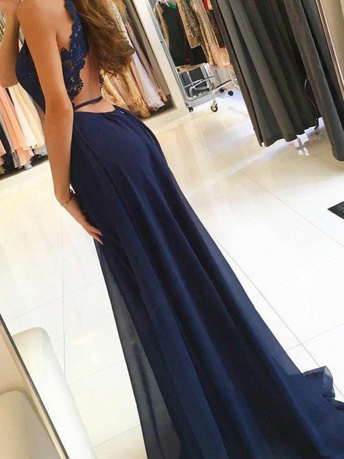 Unique Jewel Chiffon Prom Dresses A-line Appliqued Gowns PD351