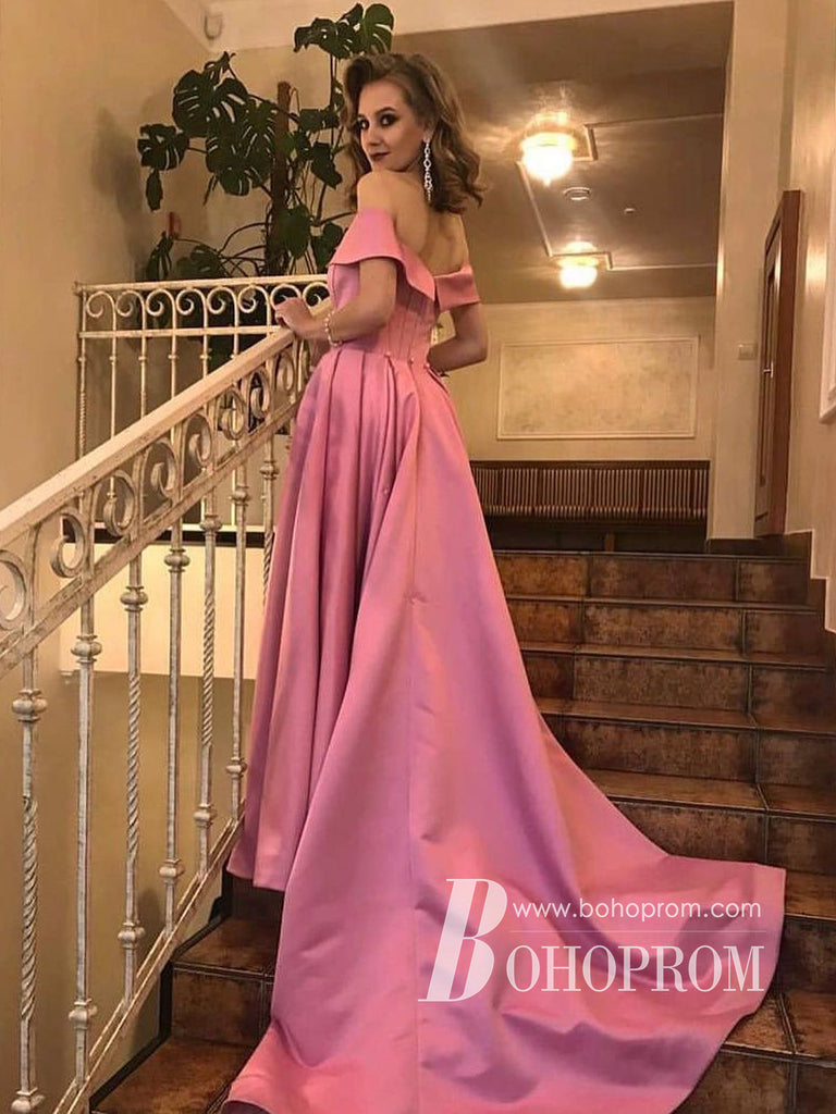 Simple Satin A-line Prom Dresses Off-the-shoulder Sexy Gowns With Slit PD354