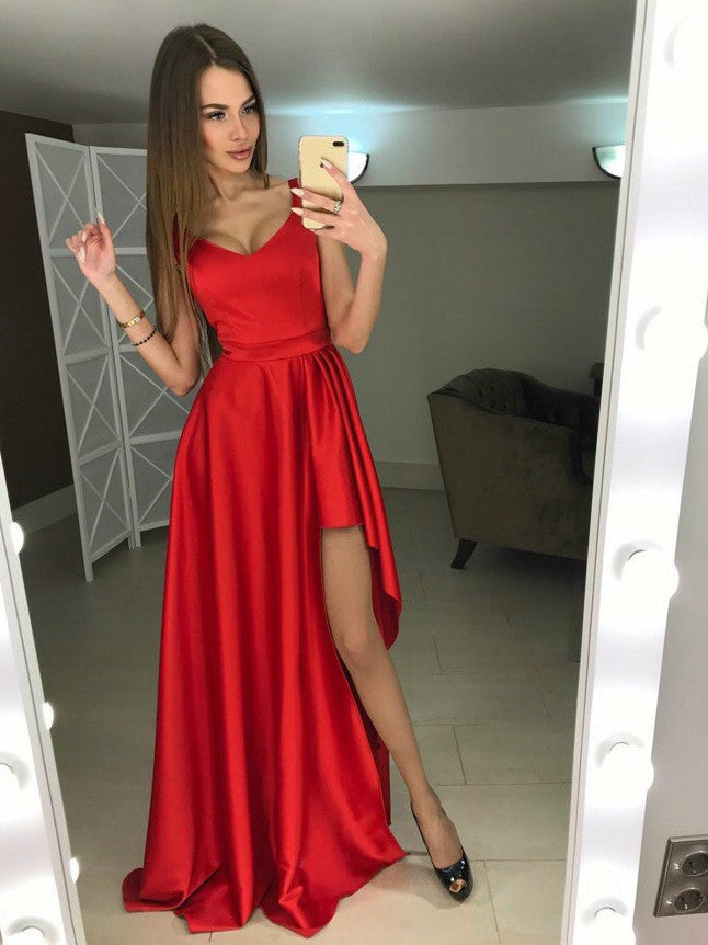 Sexy Satin Prom Dresses A-line Spaghetti Straps Red Gowns With Sweep Train PD355