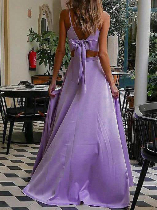 Fashion Satin Straps A-line Prom Dresses 2 Pieces Gowns With Slit PD369