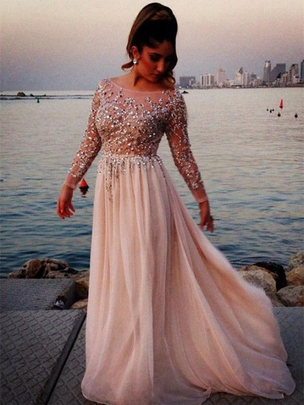 Shining Bateau A-line Prom Dresses Tulle Beaded Evening Gowns PD374