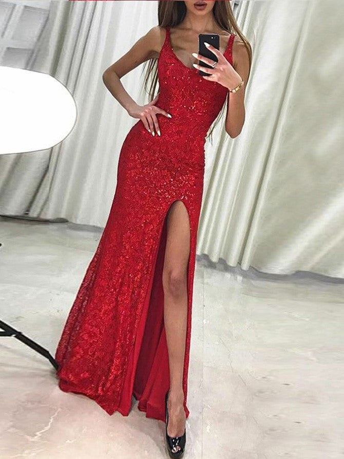 Shimmering Sequined Sheath Prom Dresses With Split PD377