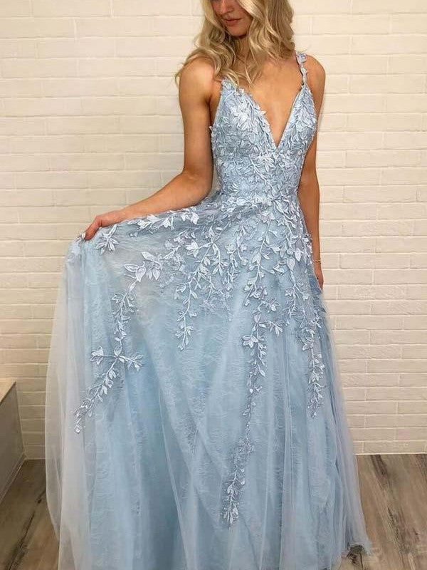 Spaghetti Straps A-line Prom Dresses Tulle Appliqued Gowns PD378
