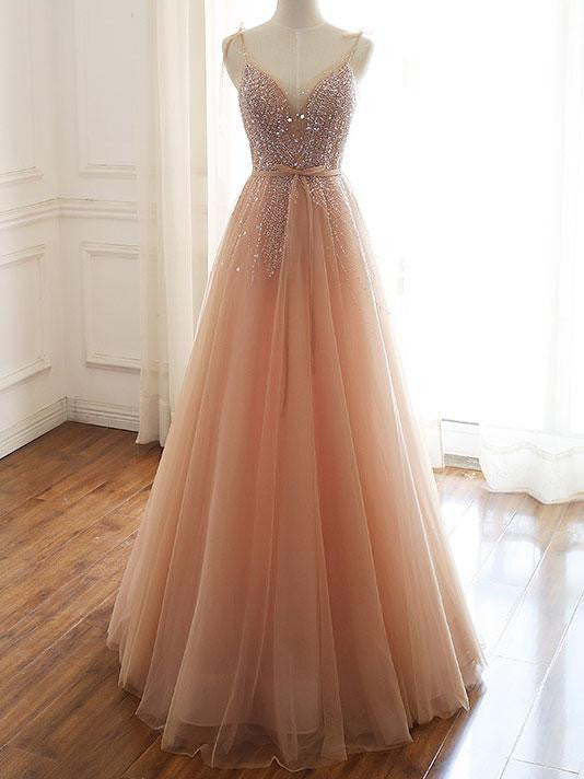 Shining Beaded A-line Prom Dresses Tulle Long Evening Gowns PD379