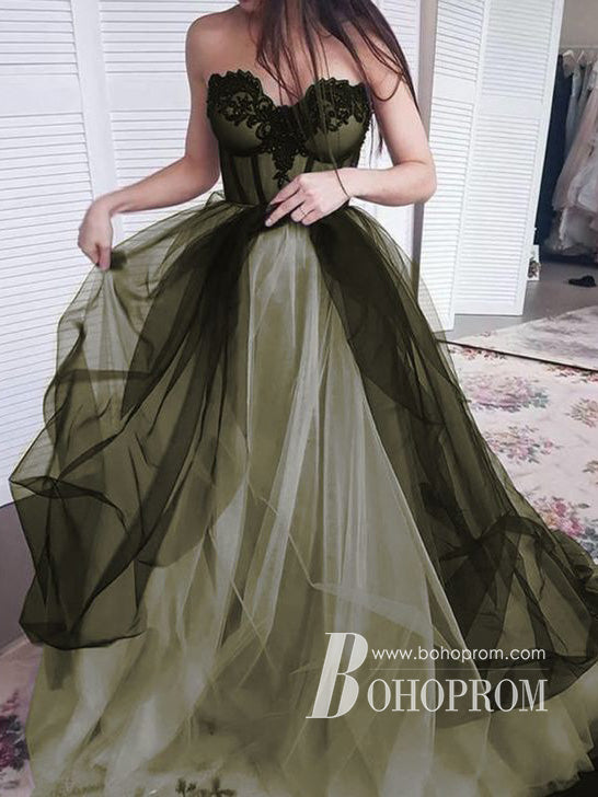 Sweetheart Tulle Prom Dresses A-line Appliqued Evening Gowns PD383