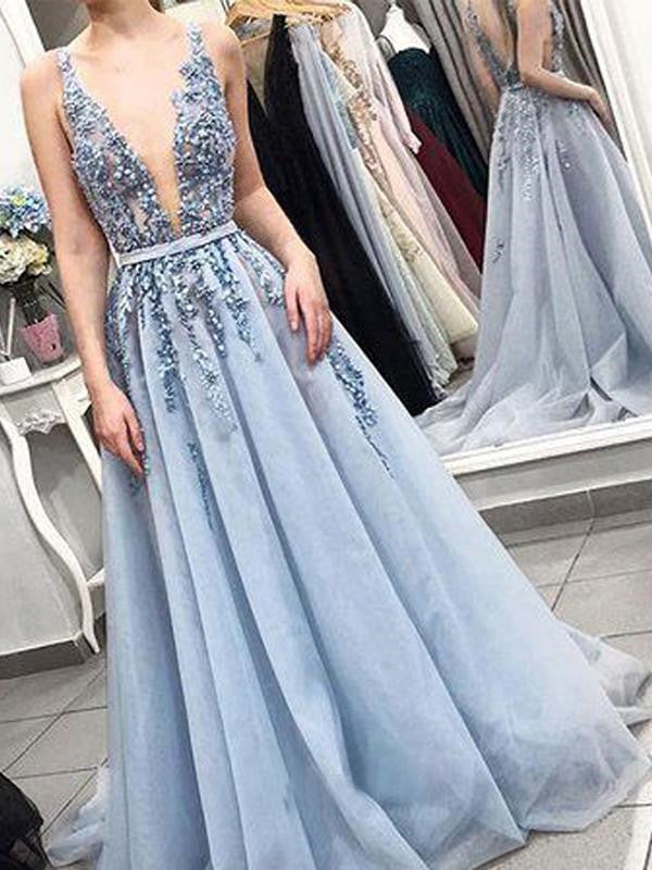 Shining A-line Evening Dresses Tulle Beaded Prom Gowns PD385