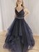Shiny Lace V-neck A-line Prom Dresses Beaded Long Evening Gowns PD386