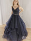 Shiny Lace V-neck A-line Prom Dresses Beaded Long Evening Gowns PD386
